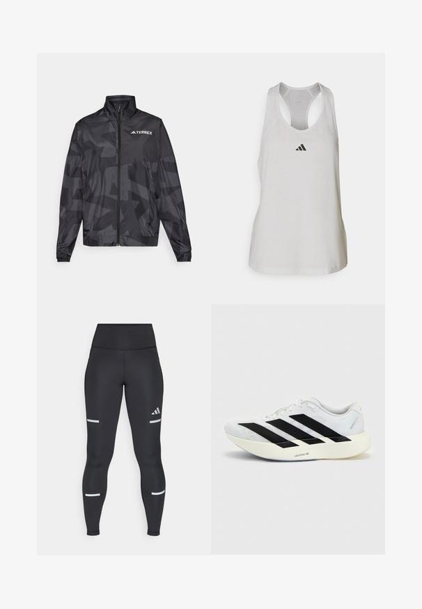 Veste légère noire avec un col haut, fermeture éclair et motif géométrique. Présente le logo "TERREX" en blanc sur le côté supérieur gauche.; Débardeur de sport blanc en tissu léger avec un dos nageur et un petit logo noir sur la poitrine.; Leggings noirs avec une taille haute, fabriqués dans un matériau lisse. Présentent des bandes réfléchissantes blanches près des genoux et un logo Adidas.; Chaussure de running blanche avec motif trois bandes noires sur le côté et semelle blanche épaisse étiquetée "Lightstrike Pro" sur fond uni.