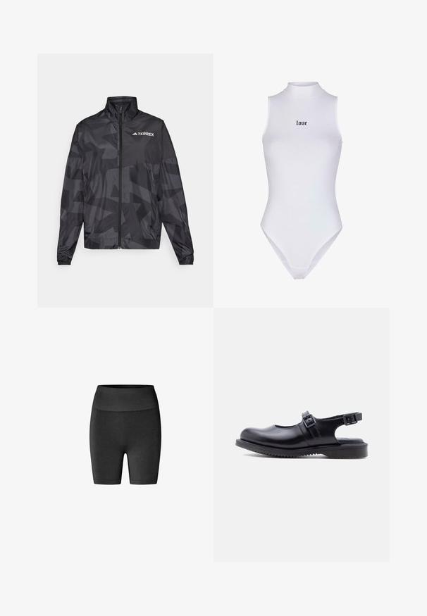 Chaqueta ligera negra con cuello alto, cierre de cremallera y patrón geométrico. Presenta el logo "TERREX" en blanco en la parte superior izquierda.; Bodysuit blanco sin mangas con cuello alto y texto negro "love" en el centro. Tela suave y elástica con un diseño ajustado y aperturas de piernas bajas.; Pantalones cortos negros sin costuras, de tiro alto y hasta la rodilla, diseñados para ropa deportiva o uso casual.; Zapato estilo Mary Jane de cuero negro con dos correas ajustables con hebilla y una suela gruesa de goma ranurada.