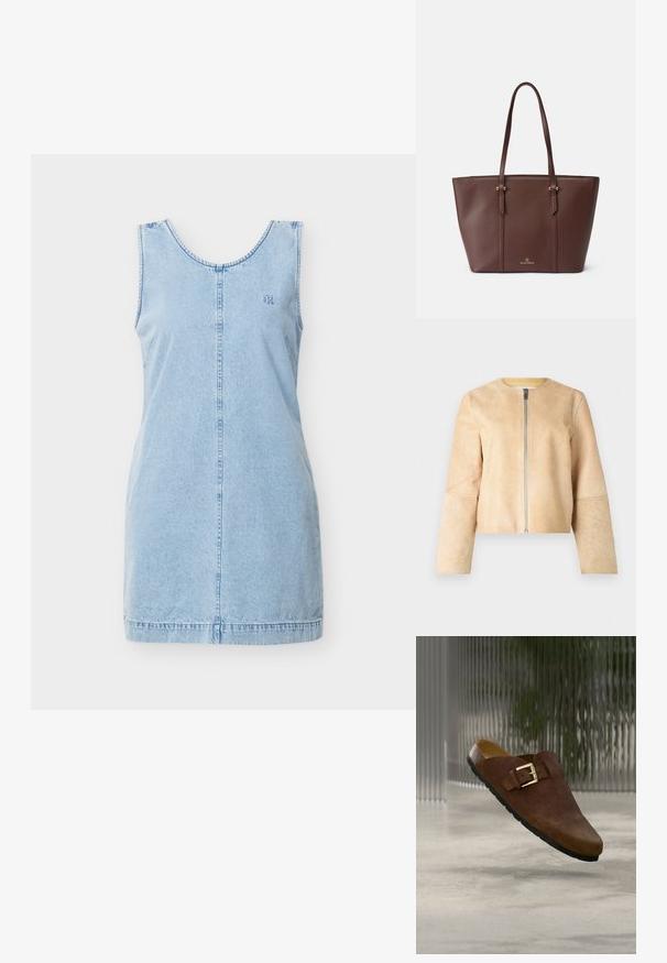 Veste en cuir beige avec un col rond et une fermeture éclair argentée. Texture lisse, manches longues et design court.; Robe sans manches en denim bleu clair avec encolure ronde et couture verticale subtile sur le devant, ornée d'un petit logo brodé "cK" sur la poitrine.; Chaussure à enfiler en daim marron avec une boucle dorée et une semelle noire, posée devant un fond en verre texturé flou sur un sol lisse.; Sac fourre-tout en simili cuir marron avec deux longues poignées, une finition texturée et de discrets accents dorés. Présente un logo bien en vue à l'avant.