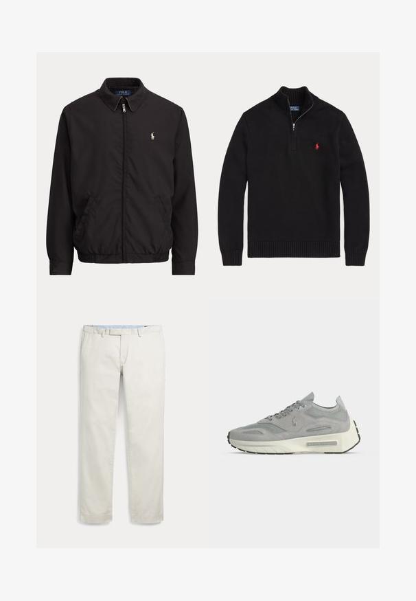 Must zipiga jakiga krae, küljetaskud, elastne äärepael ja väike valge Polo Ralph Laureni logo vasakul rinnal.; Mustast kudumist pikkade varrukatega pullover pool lukuga kraega ja vasakul rinnal punase, tikk-kirjaga Polo Ralph Laureni logoga.; Heledat beeži meestepüksid sirgete sääreosade, vööaugude ja küljetaskutega, kuvatud tasasel valgel taustal.; Hallidest seemisnahast ja võrkmaterjalist spordijalats valge platvormpõhjaga ning Ralph Laureni logo küljel ja tallal, nähtuna siseküljelt.
