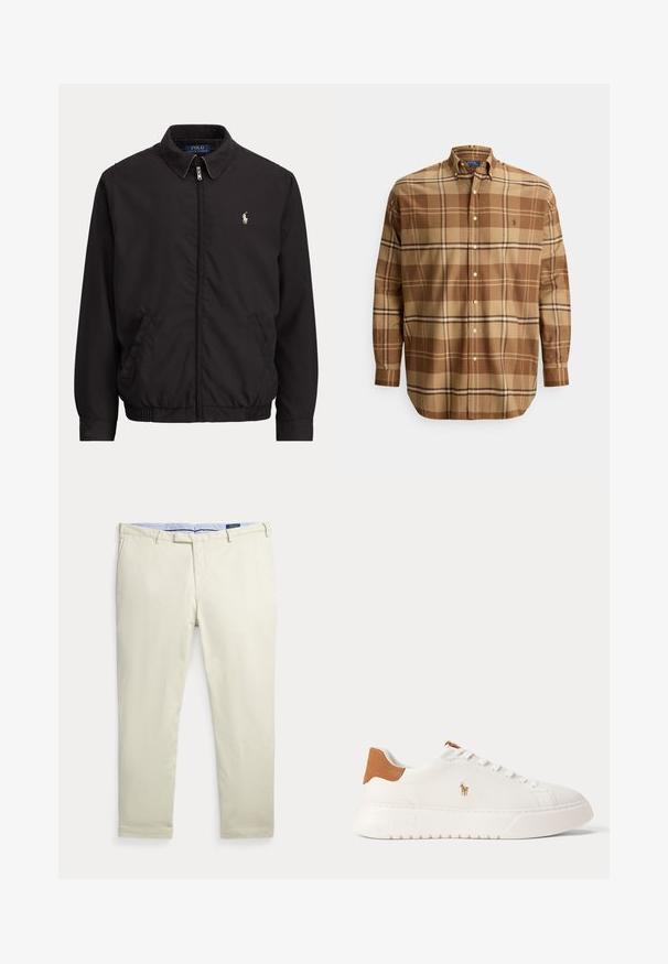 Zwarte jas met ritssluiting, kraag, zijzakken, elastische zoom en klein wit Polo Ralph Lauren-logo op de linkerborst.; Bruine geruite blouse met een button-down kraag, met verschillende tinten bruin en beige. Voorzien van knopen en een logo op de borst. Gemaakt van katoen.; Beige rechtse herenbroek met riemlussen en voorzakken, plat gelegd op een witte achtergrond.; Witte lage sneaker met beige hieltab, witte veters en klein geborduurd polo spelerlogo aan de zijkant boven een dikke zool.