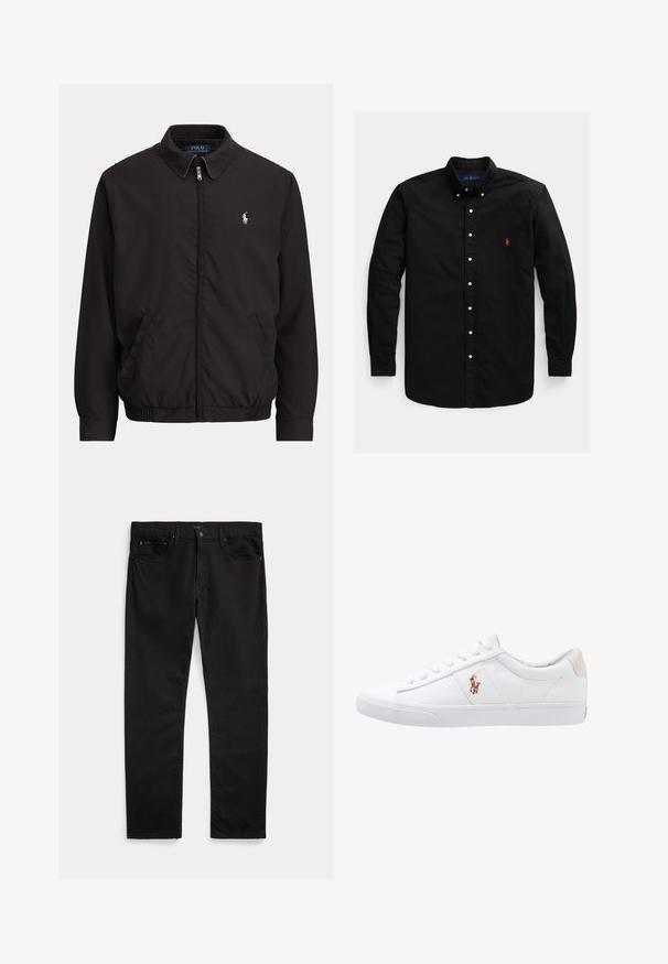 Sort lynlåstrøje med krave, sidelommer, elastisk kant og lille hvid Polo Ralph Lauren-logo på venstre bryst.; Sort langærmet skjorte med knapper, knappet krave og rødt broderet logo på venstre bryst.; Sorte jeans med lige ben med for- og baglommer, bæltestropper, knaplukning og et diskret mærke på linningen og lommen.; Hvide kanvas sneakers med lågtop design, prydet med en beige hælkappe og et lille broderet logo på siden. Gummisål.
