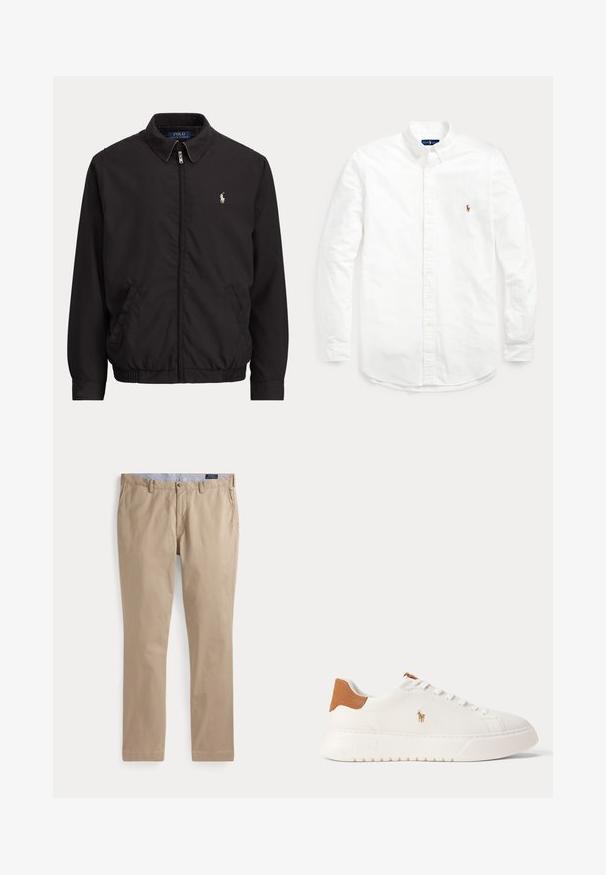 Sort lynlåstrøje med krave, sidelommer, elastisk kant og lille hvid Polo Ralph Lauren-logo på venstre bryst.; Langærmet hvid skjorte med knapper og krave samt lille broderet logo på brystlommens område.; Beige chinos med lige ben, bæltestropper, frontknap, sidelommer og en synlig Polo Ralph Lauren mærkat på indersiden af linningen.; Hvid lavtop sneaker med tan hælfane, hvide snørebånd og lille broderet polo-spiller logo på siden over en tyk sål.