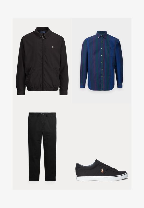 Sort lynlåstrøje med krave, sidelommer, elastisk kant og lille hvid Polo Ralph Lauren-logo på venstre bryst.; Knap-up skjorte med lodrette striber i mørkeblå, grøn og maroon. Fremstillet af stof med en glat tekstur og en brystlomme.; Sorte bukser med lige ben, bæltestropper, frontknap og sidelommer, vist fladt på en lys baggrund.; Sort lav sneakersko med hvid sål og broderet polo spiller logo på siden, med snørebånd og tekstureret stofoverdel.
