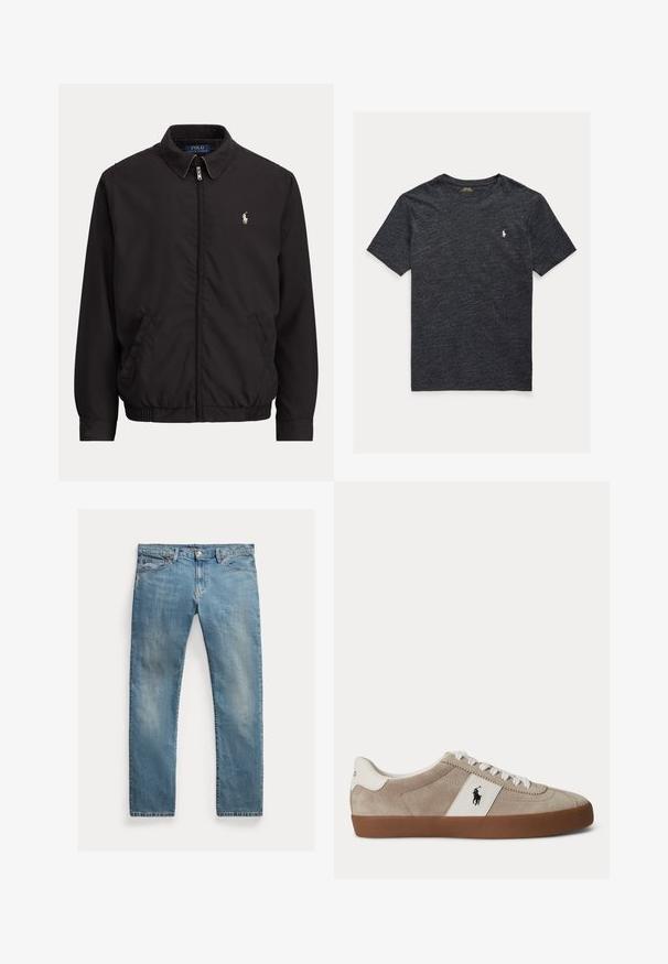 Must zipiga jakiga krae, küljetaskud, elastne äärepael ja väike valge Polo Ralph Laureni logo vasakul rinnal.; Tumeheline hall t-särk pehmest kangast, millel on ümmargune kaelus ja väike valge logo aksent rinnal.; Hele sinine teksapüksid sirge lõikega, nööbiliuguriga kinnitamine, viis taskut, peen kulumine ja õmbluse aktsendid.; Beežid seemisnahast madala säärega tossud valgete paelte, valge nahkdetaili ja musta hobuse logoga ning pruunast kummist tallaga.