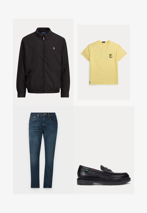 Must zipiga jakiga krae, küljetaskud, elastne äärepael ja väike valge Polo Ralph Laureni logo vasakul rinnal.; Kollane lühikeste varrukatega ümara kaelusega t-särk rinnataskuga, millel on troopiline motiiv – palmipuu, päike, lilled ja sõna "Polo".; Tumesinised kitsad teksapüksid, kerge pleekimisega, esikotid, vöökohal aasad ja nööpklõpsuga, taust on ühtlane.; Mustast nahast loafer paksu soonelise tallaga ja väike roheline "Polo" silt välisküljel kanna lähedal.