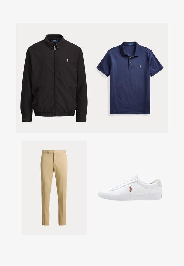 Čierna bunda na zips s golierom, bočnými vreckami, elastickým lemom a malým bielym logom Polo Ralph Lauren na ľavej strane hrude.; Tmavomodré polo tričko s krátkymi rukávmi, dvoma gombíkmi a malým vyšitým logom na ľavej strane hrudníka.; Béžové nohavice slim fit s predným záhybom, pútkami na opasok a skrytým predným zapínaním na jednofarebnom svetlom pozadí.; Biele plátenné tenisky s nízkym strihom, ktoré majú béžový opasok na päte a malé vyšívané logo na boku. Gumová podrážka.
