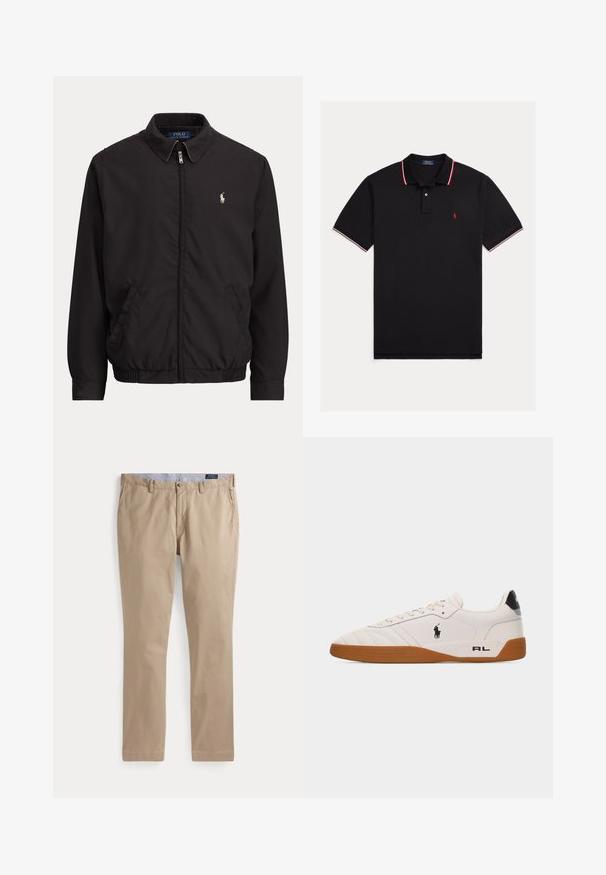 Čierna bunda na zips s golierom, bočnými vreckami, elastickým lemom a malým bielym logom Polo Ralph Lauren na ľavej strane hrude.; Čierne polos tričko s krátkym rukávom s červeným a bielym lemovaním na golieri a rukávoch, dvojgombíkovou légou a červeným vyšívaným logom na hrudi.; Béžové chinos nohavice so širokými rovnými nohavicami, pútkami na opasok, predným gombíkom, bočnými vreckami a viditeľnou značkou Polo Ralph Lauren vo vnútri pásu.; Biela nízka teniska s hnedou gumovou podrážkou, čiernym logom Polo Ralph Lauren na boku a textom „RL" na päte.