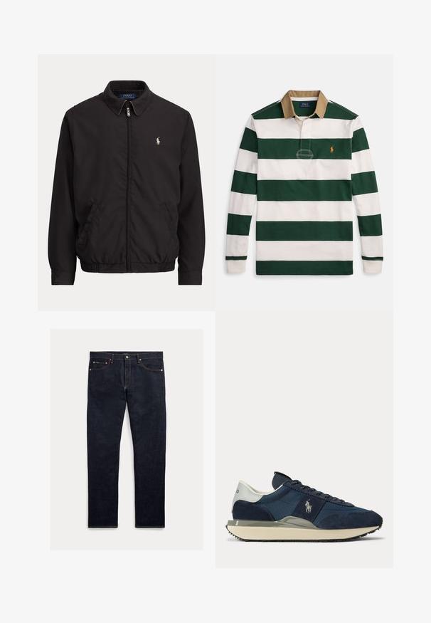 Must zipiga jakiga krae, küljetaskud, elastne äärepael ja väike valge Polo Ralph Laureni logo vasakul rinnal.; Pikkade varrukatega ragbipluus, millel on laiad rohelised ja valged horisontaalsed triibud, beež krae ning väike oranž polo mängija logo rinnal.; Tumedast teksadest sirge lõikega püksid, viie tasku, oranži õmblusega ja nööpidega sulguriga. Kangas on sileda tekstuuriga.; Tumesinine ja valge tennisking, millel on seemisnaha ja kangastega detailid, valge logo küljel, valge kandurib, ning beež tald musta tallaga.