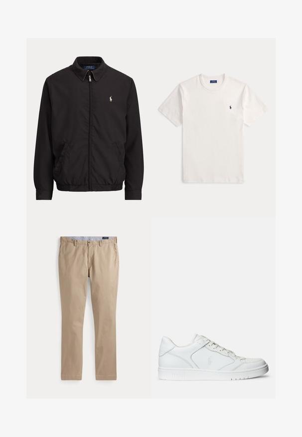 Must zipiga jakiga krae, küljetaskud, elastne äärepael ja väike valge Polo Ralph Laureni logo vasakul rinnal.; Valge lühikeste varrukatega raglaan-kaelusega T-särk väikese tumelilla Polo Ralph Laureni logoga vasakul rinnal.; Beežid sirgete säärtega chino-püksid vööaasa lukkudega, eesmine nupp, küljetaskud ja nähtav Polo Ralph Laureni silt vöö sees.; Valged nahast spordijalatsid siledast materjalist, millel on ventilatsiooniga varvas, paelad ja kõrvale brodeeritud logo. Valge kummitald.