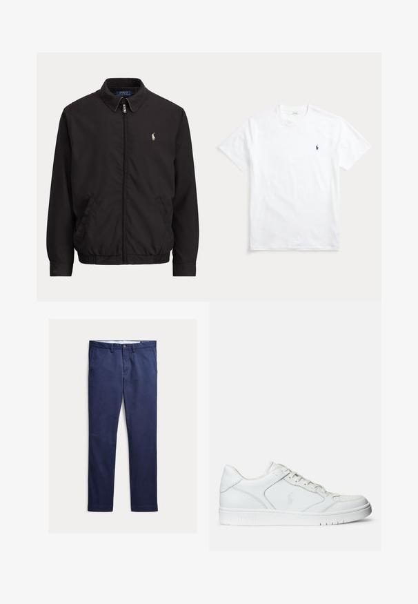 Zwarte jas met ritssluiting, kraag, zijzakken, elastische zoom en klein wit Polo Ralph Lauren-logo op de linkerborst.; Wit T-shirt met korte mouwen en ronde hals met een klein marineblauw geborduurd logo van een polo-speler op de linkerborst.; Marineblauwe rechte broek met riemlussen, knoop- en ritsluiting, voorzakken en een getailleerde pasvorm.; Witte leren sneaker met een gladde textuur, voorzien van een geperforeerde neus, vetersluiting en geborduurde logo aan de zijkant. Witte rubberen zool.