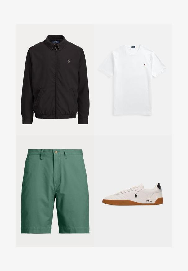 Čierna bunda na zips s golierom, bočnými vreckami, elastickým lemom a malým bielym logom Polo Ralph Lauren na ľavej strane hrude.; Biele bavlnené tričko s okrúhlym výstrihom a krátkymi rukávmi, s malým farebným vyšívaným logom na ľavej strane hrude. Hladká textúra, klasický strih.; Zelené bavlnené šortky s gombíkovým zapínaním a pútkami na opasok. Jednoduchý dizajn so štandardným strihom a bez viditeľných vzorov či akcentov.; Biela nízka teniska s hnedou gumovou podrážkou, čiernym logom Polo Ralph Lauren na boku a textom „RL" na päte.