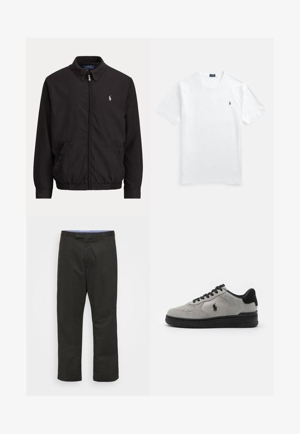 Must zipiga jakiga krae, küljetaskud, elastne äärepael ja väike valge Polo Ralph Laureni logo vasakul rinnal.; Valge puuvillane t-särk, ümara kaelusega, lühikeste varrukatega, vasakul rinnal väike värviline tikitud logo. Sile tekstuur, klassikaline lõige.; Mustad meeste sirgete sääreosaga püksid vöökinnitustega ja varjatud eesmise sulgemisega, valgel taustal eksponeeritud.; Halli sisejalatsid mustade aktsentidega, millel on tekstuuriga kangas külgpaneel, ümar nina ja must kummikreen. Logo on tikandina külje peal.