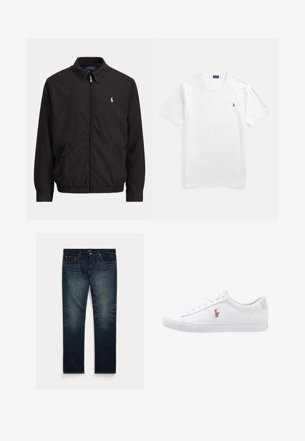 Sort lynlåstrøje med krave, sidelommer, elastisk kant og lille hvid Polo Ralph Lauren-logo på venstre bryst.; Hvid bomulds T-shirt med rund hals og korte ærmer, med et lille farverigt broderet logo på venstre bryst. Glat tekstur, klassisk pasform.; Mørkeblå denimjeans med lige ben, subtil falmning nær knæene og orange syninger på lommer og sømme.; Hvide kanvas sneakers med lågtop design, prydet med en beige hælkappe og et lille broderet logo på siden. Gummisål.