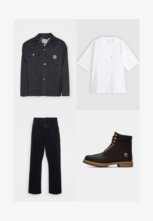 Schwarze Arbeitsjacke aus strapazierfähigem Material. Verfügt über zwei Brusttaschen, zwei Fronttaschen und ein Camouflage-Futter. Sichtbare silberne Druckknöpfe.; Weißes Baumwoll-T-Shirt mit kurzen Ärmeln, rundem Ausschnitt und Brusttasche auf der linken Seite. Mit kleinem rotem Logotag an der Tasche.; Schwarze Jeanshose mit geradem Bein, ausgestattet mit einem Knopf- und Reißverschluss, Gürtelschlaufen und minimalen Nähdetails.; Schwarze Leder-Ankle-Boots mit goldenen Ösen, braunen Akzenten und einer Gummisohle. Verfügt über einen gepolsterten Schaft und ein geprägtes Logo an der Seite.