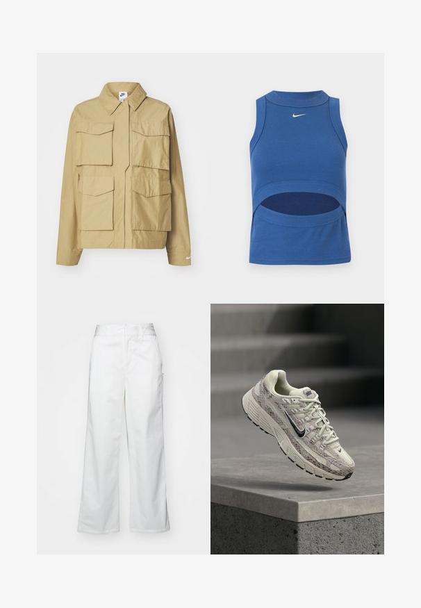 Beige, letvægtsjakke med klassisk krave, flere brystlommer og lange ærmer. Har Nike-logo på venstre ærme.; Blå ærmeløs Nike crop top med høj hals og udskæring ved maven, ribbet stof og hvid Swoosh-logo foran midt på.; Hvide brede bukser lavet af bomuld, med en glat overflade, lige pasform, forlommer og en ren kant.; Beige og brun Nike løbesko med slangeskindsmønster, sort swoosh og tyk sål, hængende over en betonoverflade med trin i baggrunden.