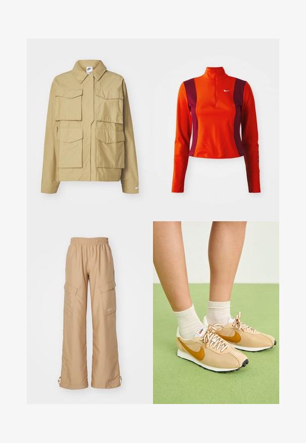 Beige, leichtgewichtige Jacke mit klassischem Kragen, mehreren Brusttaschen und langen Ärmeln. Mit Nike-Logo am linken Ärmel.; Roter und lila Langarm-Oberteil mit einem Viertelreißverschluss, das ein Nike-Logo auf der Brust trägt und eine figurbetonte Passform mit einer glatten Textur aufweist.; Nike Sportswear TREND - Cargohose - hemp; Beige Sneakers mit orangenem Swoosh, Obermaterial aus Mesh und Wildleder, weiße Schnürsenkel, schwarze Sohle, kombiniert mit cremefarbenen Knöchelsocken auf grünem Untergrund.
