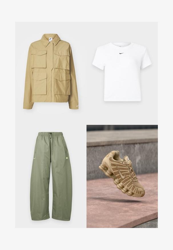Chaqueta ligera beige con cuello clásico, múltiples bolsillos en el pecho y mangas largas. Presenta el logo de Nike en la manga izquierda.; Camiseta corta de manga corta blanca de Nike con un pequeño logo negro de Nike Swoosh centrado justo debajo del escote.; Pantalones de corte suelto en color verde oliva con cintura elástica, cordón ajustable, bolsillos laterales y un pequeño logo verde claro en el muslo izquierdo.; Zapato deportivo beige con parte superior de malla y soporte estructurado, con una suela acolchada con unidades de aire visibles y detalles texturizados.
