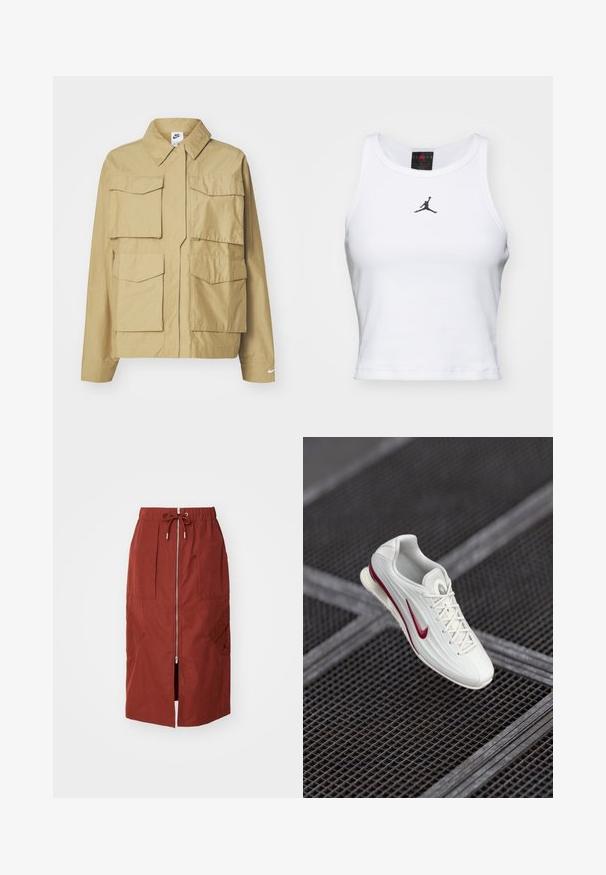 Beige, leichtgewichtige Jacke mit klassischem Kragen, mehreren Brusttaschen und langen Ärmeln. Mit Nike-Logo am linken Ärmel.; Weißes Crop-Top aus Baumwolle mit geripptem Struktur. Verfügt über ein schwarzes Jordan-Logo in der Mitte und einen klassischen Rundhalsausschnitt.; Midikleid in terrakottarot, mit einem Frontreißverschluss, elastischem Bund mit Kordelzug und seitlichen Taschen mit geometrischem Design.; Weißer Sportschuh mit texturierten Oberflächen, ausgestattet mit einem roten Akzent-Swoosh, Schnürdesign und gepolsterter Sohle, schwebend über einem Gitterhintergrund.