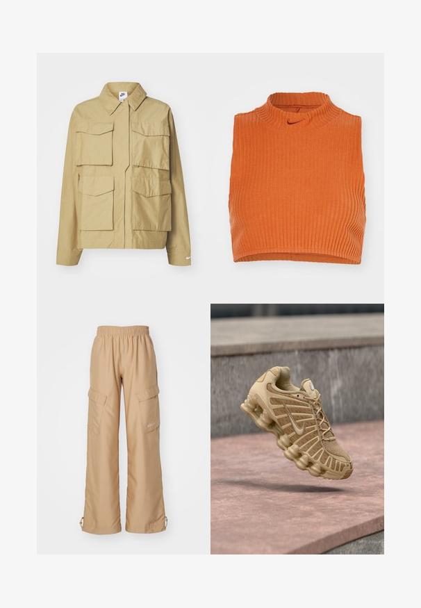 Béžová, ľahká bunda s klasickým golierom, viacerými náprsníkmi a dlhými rukávmi. Na ľavom rukáve sa nachádza logo Nike.; Oranžový rebrovaný bezrukávový crop top s vysokým golierom a nenápadným logom Nike na hornej prednej časti, ktorý má priliehavý strih a štruktúrovanú tkaninu.; Nike Sportswear TREND - Kapsáče - hemp; Bežová športová obuv s vrchnou časťou z sieťoviny a štruktúrovanou podporou, vybavená polstrovanou podrážkou s viditeľnými vzduchovými jednotkami a textúrovanými detailmi.