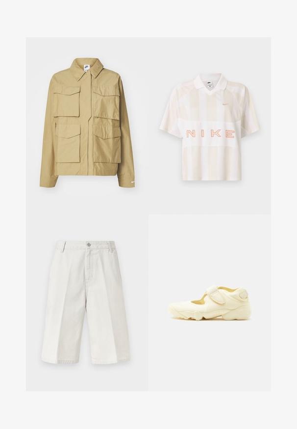 Beige, lichtgewicht jack met een klassieke kraag, meerdere borstzakken en lange mouwen. Bevat het Nike-logo op de linkermouw.; Wit en beige gestreept Nike poloshirt met korte mouwen, kraag, kleine swoosh-logo op de borst en grote omrande "NIKE" tekst over de voorkant.; Lichtbeige knielange korte broek met subtiele verticale krijtstrepen, ceintuurlussen, knoop aan de voorkant en ritssluiting.; Beige sportschoen met dikke zool, uitsnijdingen en twee verstelbare klittenbandsluitingen op een witte achtergrond.