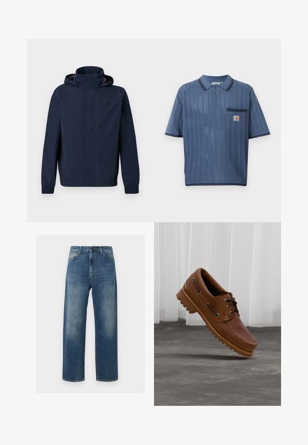 Veste à capuche bleu marine avec boutons-pression, poignets élastiques, poches latérales et petit logo brodé sur la poitrine.; Polo en maille bleu avec rayures verticales ajourées, patte de boutonnage à trois boutons, poche poitrine avec logo Carhartt et bordures noires sur le col et les manches.; Jean bleu droit avec des zones décolorées sur les cuisses, style cinq poches, fermeture par bouton et fermeture éclair.; Chaussure de bateau en cuir marron avec des lacets noirs, des coutures beiges et une semelle robuste, suspendue au-dessus d'un sol en béton gris.