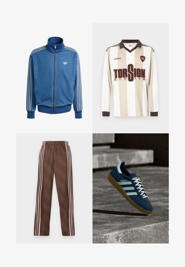 Blå denimjakke med lynlås, udstyret med hvide tre-stribede detaljer på ærmerne, høj krave og frontlommer. Blød tekstur med ribbede manchetter.; Langærmet beige og hvidstribet fodboldtrøje; har brun krave og ærmekanter, stort rødt "TORSION SYSTEM" logo og adidas-mærkning.; Brune træningsbukser med lyserøde lodrette striber på siderne og et gentaget løvmønster over det hele, elastisk talje, lige ben pasform.; Blå Adidas Spezial sneaker med hvide striber og snørebånd, gummisål, svævende over en ru betongoverflade og trin i baggrunden.