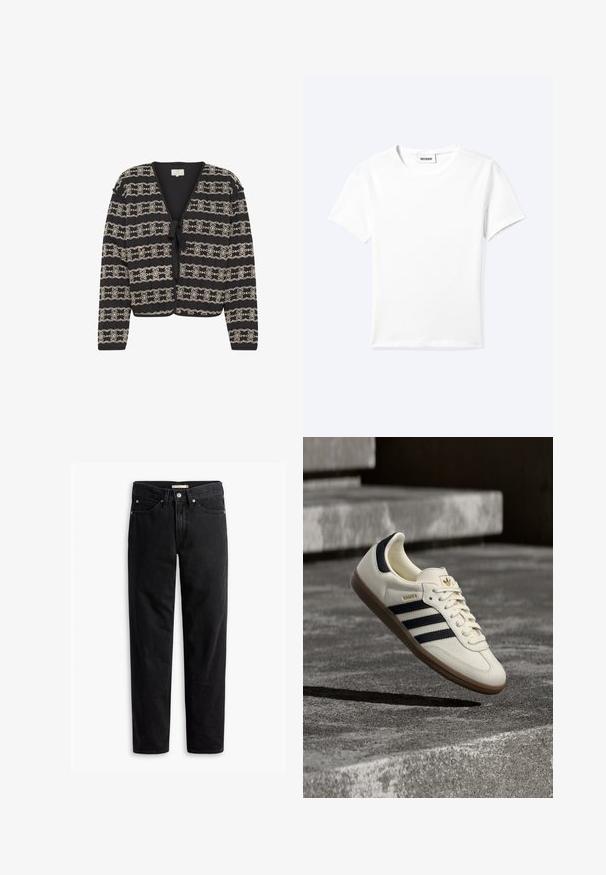 Zwarte cardigan met een cropped ontwerp, voorzien van crèmekleurige geborduurde bloemenpatronen, een striksluiting en lange mouwen. Gemaakt van een textuurstof.; Effen wit T-shirt met korte mouwen en ronde hals met een klein "WEEKDAY" label aan de binnenkant van de hals, plat neergelegd op een lichte achtergrond.; Zwarte straight-leg jeans met knoop- en ritssluiting, riemlussen en voor- en achterzakken, plat gelegd op een witte achtergrond.; Witte Adidas Samba sneaker met zwarte strepen en gumzool, zwevend boven gestructureerde grijze betonnen treden.
