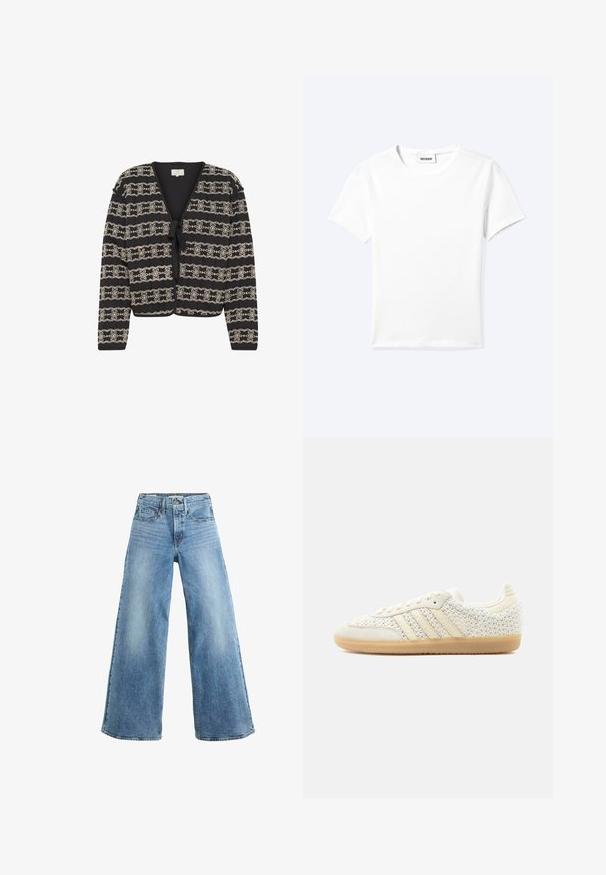 Cárdigan negro con diseño corto, que presenta patrones florales bordados en crema, cierre con lazo y mangas largas. Hecho de un tejido texturizado.; Camiseta blanca lisa de manga corta con cuello redondo y una pequeña etiqueta "WEEKDAY" dentro del cuello, mostrada extendida sobre un fondo claro.; Levi's® 728 HR WIDE LEG HEADWINDS AHEAD. - Pernera ancha - headwinds ahead; Zapatilla blanca de caña baja con tejido texturizado trenzado, franjas de cuero beige y suela de goma color caramelo, mostrada desde el lado exterior sobre un fondo liso.