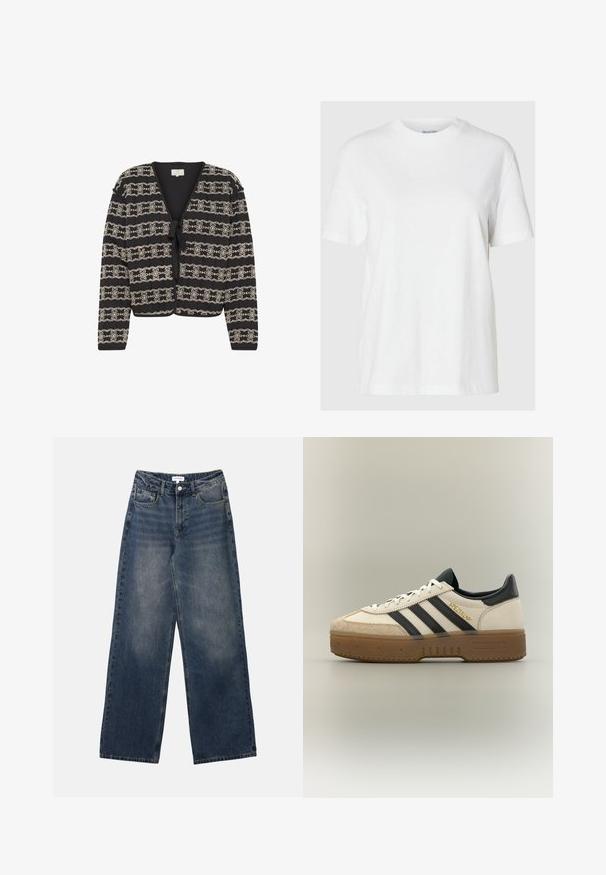 Zwarte cardigan met een cropped ontwerp, voorzien van crèmekleurige geborduurde bloemenpatronen, een striksluiting en lange mouwen. Gemaakt van een textuurstof.; Witte katoenen t-shirt met korte mouwen en een ronde halslijn. Heeft een relaxte pasvorm en een minimalistisch ontwerp zonder patronen of accenten.; Heren hoge taille blauwe spijkerbroek met wijde pijpen, vooraan knoop en rits, en voor- en achterzakken.; Witte Adidas sneaker met zwarte strepen, beige suède neus, bruine zool en "SPEZIAL" in gouden letters aan de zijkant.