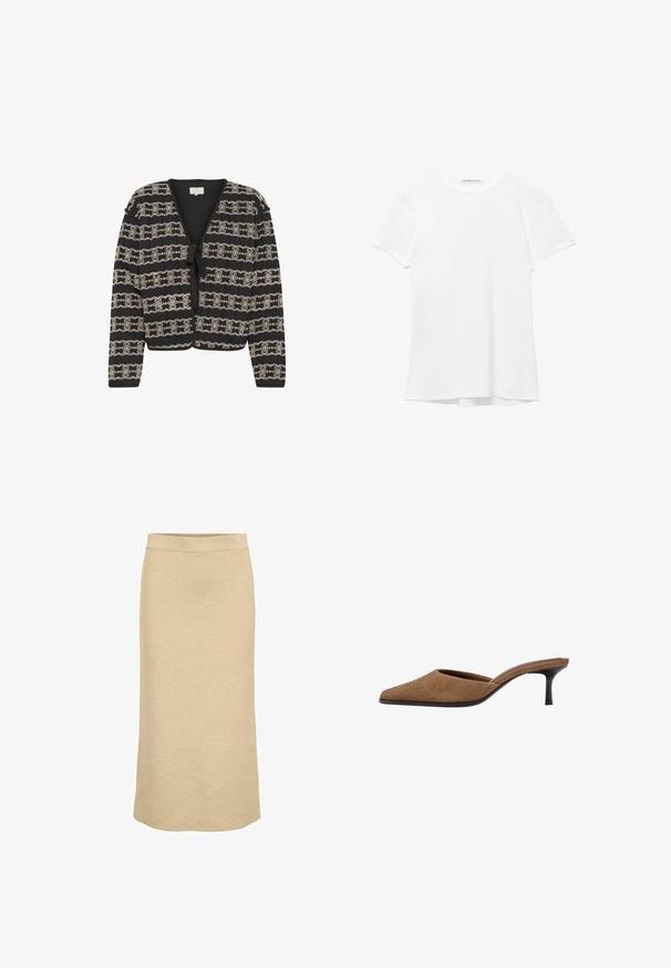 Cardigan noir avec un design cropped, présentant des motifs floraux brodés en crème, une fermeture à nouer et des manches longues. Fabriqué en tissu texturé.; T-shirt blanc à manches courtes en tissu lisse, avec un col rond et de subtils détails de couture à l'ourlet.; Jupe midi en tricot couleur beige clair, avec une taille côtelée et une silhouette droite, au toucher lisse et doux.; Mule en daim marron à bout pointu avec un petit talon de chat noir et un dos ouvert, vue de profil sur fond blanc.