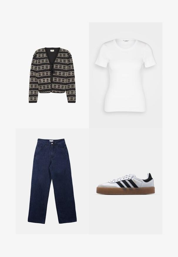 Cardigan noir avec un design cropped, présentant des motifs floraux brodés en crème, une fermeture à nouer et des manches longues. Fabriqué en tissu texturé.; T-shirt en coton blanc avec des manches courtes, un col rond et une texture côtelée. Design ajusté avec une finition lisse et nette.; Pantalons en denim bleu foncé avec une coupe droite, dotés d'une fermeture à bouton à l'avant, de passants de ceinture et de deux poches avant.; Baskets en cuir blanc avec des rayures noires, semelle extérieure en caoutchouc beige, bout rond, fermeture lacée et embout en suède gris doux.