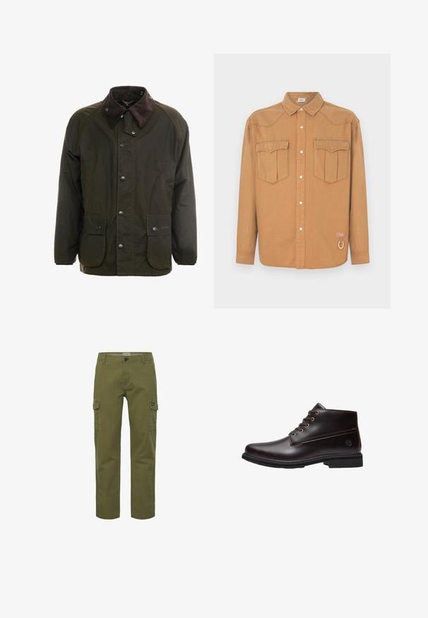 Veste en coton ciré vert foncé avec un col en velours côtelé marron, fermeture à boutons-pression à l'avant, et deux poches sur le devant. Design simple, manches longues.; Chemise en denim marron avec deux poches poitrine, col pointu, devant boutonné et coutures contrastées. Présente un patch logo et un détail boucle.; Pantalons cargo en vert olive, avec une coupe droite, des poches avant et latérales, et une fermeture à bouton. Fabriqués en tissu en coton durable.; Bottine en cuir marron foncé à lacets avec semelle noire et logo discret de la marque sur le côté, présentée de profil sur fond blanc.