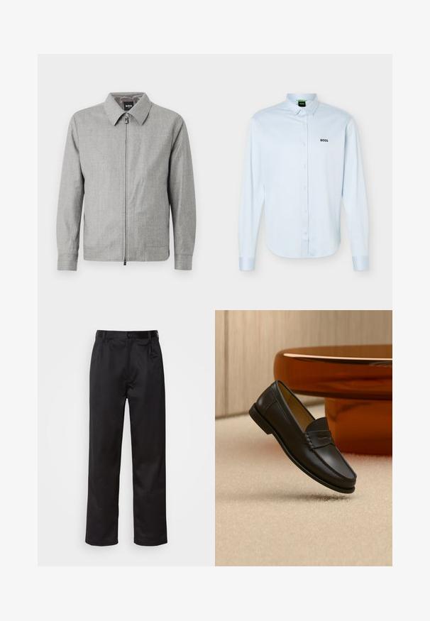 Chaqueta gris con cuello de solapa, cierre frontal con cremallera y mangas largas. Textura suave con un patrón sutil en toda su superficie.; Camisa azul claro de manga larga con botones y cuello, logo negro "BOSS" en el lado izquierdo del pecho y puños con botones.; Pantalones negros de tela suave, con cierre delantero de botón, pliegues y patas rectas. Sin patrones ni acentos visibles.; Zapato mocasín de cuero negro suspendido sobre una alfombra beige con muebles modernos de color ámbar en el fondo.