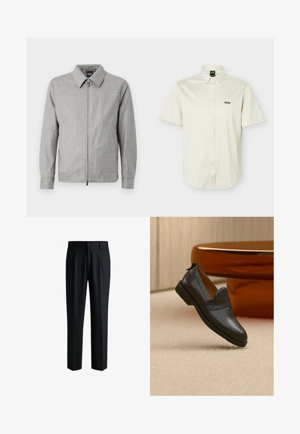 Chaqueta gris con cuello de solapa, cierre frontal con cremallera y mangas largas. Textura suave con un patrón sutil en toda su superficie.; Camisa blanca de manga corta con botones, cuello abotonado, logo negro "BOSS" en el pecho y etiqueta interior del cuello verde.; Pantalones negros de tela suave, con un diseño de pierna recta, pliegues en la parte delantera y cierre de botón con trabillas para cinturón.; Mocasín de cuero negro con tacón bajo flotando sobre una alfombra beige, junto a una mesa brillante de color ámbar en una habitación minimalista.