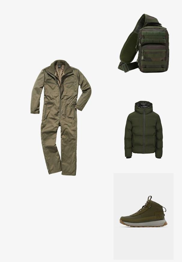 Doudoune verte avec capuche, fermeture éclair à l'avant, poignets côtelés et texture matelassée. Elle présente une doublure noire brillante et une isolation légère.; Combinaison olive en tissu résistant, avec un zip sur le devant, un col côtelé et plusieurs poches zippées à la poitrine et sur les côtés.; Bottes de trekking en vert olive avec une tige en daim texturé, une semelle intermédiaire grise, une semelle extérieure robuste et des lacets réfléchissants pour une meilleure visibilité.; Sac à dos en bandoulière camouflage vert avec plusieurs poches zippées, une sangle réglable et un panneau arrière en mesh pour la ventilation.
