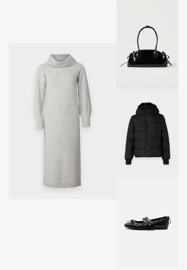 Schwarze gepolsterte Jacke mit Kapuze, Reißverschluss vorne und elastischen Bündchen. Glattes Gewebe mit gesteppten Abschnitten; zwei Seitentaschen für Stauraum.; Graues gestricktes Kleid mit Kapuze, langen Puffärmeln sowie gerippten Bündchen und Saum. Der Stoff wirkt weich und strukturiert.; Schwarzer flacher Ballettschuh mit doppelten Schnallenriemen, silbernen Ösen und einer kleinen Schleife nahe der abgerundeten Spitze auf weißem Hintergrund.; Kleine schwarze glänzende Handtasche mit zwei langen Griffen und seitlichen Kordelzug-Details vor einfachem hellem Hintergrund.