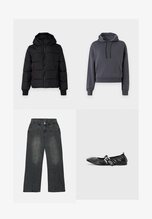 Sort polstret jakke med hætte, lynlås foran og elastiske manchetter. Glat stof med quiltede sektioner; to sidelommer til opbevaring.; Grå cropped hoodie lavet af blødt materiale, med en frontlomme, justerbare snore og ribbede manchetter.; Viddejeans i mørkegrå denim med høj talje, to frontlommer, midtersøm og diskret falmning på stoffet.; Sorte læder flade sko med spids tå, samling detaljer omkring åbningen, og en sølv spænde accent på den justerbare rem.