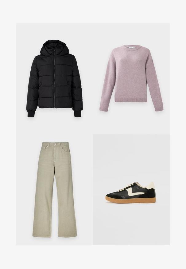 Sort polstret jakke med hætte, lynlås foran og elastiske manchetter. Glat stof med quiltede sektioner; to sidelommer til opbevaring.; Langærmet crewneck sweater i blød lavendelstrik med ribbede manchetter og kant, vist mod en hvid baggrund.; Khaki bredde ben jeans lavet af bomuldsblanding. Har en knaplukning, fem lommer og en ren, struktureret stofoverflade.; Sorte ruskinds- og lædersneakers med en cremefarvet side-swoosh og lys cremefarvet hæl. Har beige snørebånd og en gummirubber-sål.
