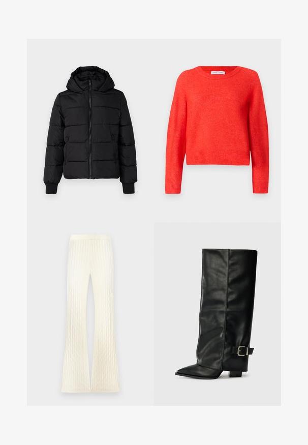 Sort polstret jakke med hætte, lynlås foran og elastiske manchetter. Glat stof med quiltede sektioner; to sidelommer til opbevaring.; Rød, cropped sweater lavet af blødt materiale. Rund halsudskæring, lange ærmer og ribbet kantdetalje. Let tekstureret overflade.; Strikkede bukser i cremefarve med kabelstruktur, der har et design med vide ben og frontslids for et moderne udseende. Blødt, strækbart stof.; Sorte læder ankelstøvler i ankellængde med spids tå, glat tekstur og en sølvspændeaccents på siden. Kraftig firkantet hæl.