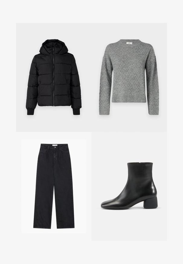 Sort polstret jakke med hætte, lynlås foran og elastiske manchetter. Glat stof med quiltede sektioner; to sidelommer til opbevaring.; JDY Knitted JDYBIGUM Knitted - Striktrøje - medium grey; Sorte højtaljede bredbenede denimjeans med frontknap og lynlås, bæltestropper og fem-lomme stil.; Sort læderankelstøvle med afrundet firkantet tå, sidelås og chunky lav hæl på ensfarvet lys baggrund.