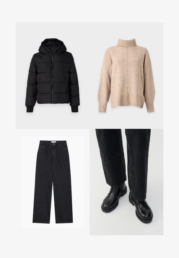 Sort polstret jakke med hætte, lynlås foran og elastiske manchetter. Glat stof med quiltede sektioner; to sidelommer til opbevaring.; Beige strikket rullekravesweater med lange ærmer, ribkantede ærmer, kant og en central lodret søm foran.; Sorte højtaljede bredbenede denimjeans med frontknap og lynlås, bæltestropper og fem-lomme stil.; Sorte læder ankelstøvler med runde tåspidser, snørebånd og en rummelig, tyk sål. Sat sammen med mørke jeans, der viser en rå kantdetalje.