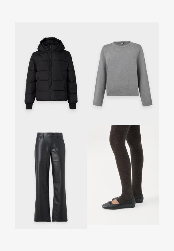 Chaqueta acolchada negra con capucha, cierre de cremallera al frente y puños elásticos. Tejido suave con secciones acolchadas; dos bolsillos laterales para almacenamiento.; Sweater gris de punto con cuello redondo y mangas largas; textura suave y corte recto, con un sutil patrón de punto uniforme.; Pantalones de cuero negro con un diseño acampanado, que presentan bolsillos frontales, presillas para cinturón y un cierre de botón. Textura suave con costuras visibles.; Piernas con leggings oscuros acanalados combinados con bailarinas negras que presentan pequeños detalles de lazo sobre un fondo blanco.
