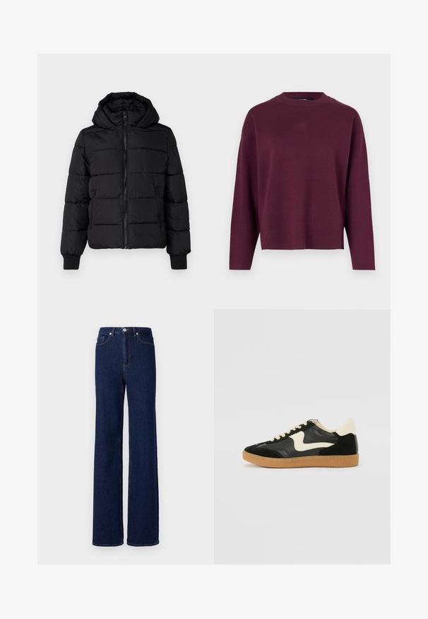 Sort polstret jakke med hætte, lynlås foran og elastiske manchetter. Glat stof med quiltede sektioner; to sidelommer til opbevaring.; Vero Moda Knitted VMSILJE Knitted - Striktrøje - winetasting; Mørkeblå denim jeans med høj talje, bred benudskæring og klassisk fem-pocket design. Afsluttet med kontrastsyning og en metalknap.; Sorte ruskinds- og lædersneakers med en cremefarvet side-swoosh og lys cremefarvet hæl. Har beige snørebånd og en gummirubber-sål.