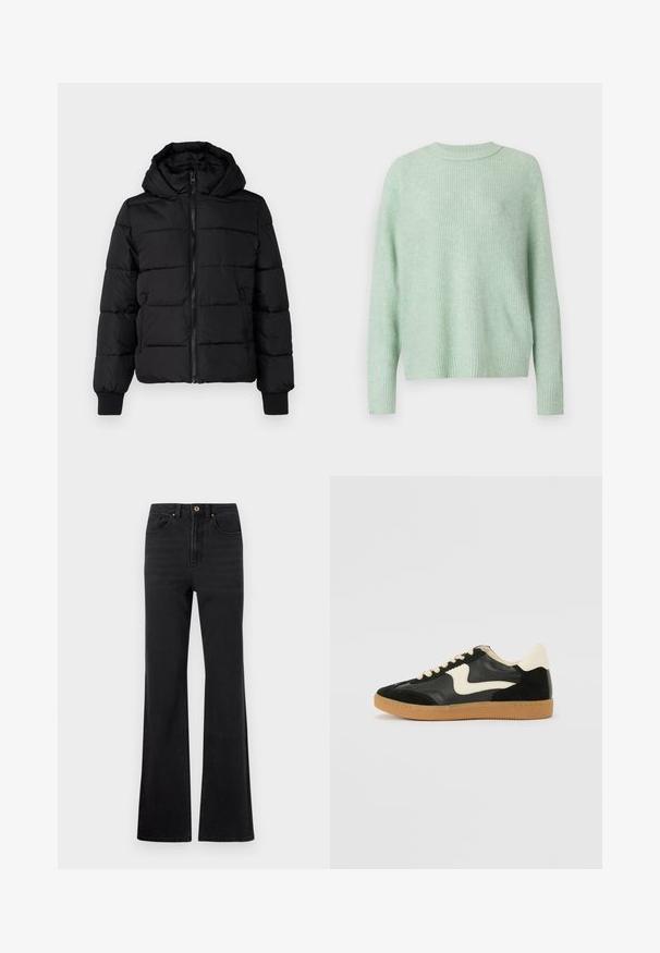 Sort polstret jakke med hætte, lynlås foran og elastiske manchetter. Glat stof med quiltede sektioner; to sidelommer til opbevaring.; American Eagle CLASSIC CREW SHAKER - Striktrøje - turquoise; Sorte højtaljede denim jeans med foran knap, bæltestropper og let udvidede ben mod en hvid baggrund.; Sorte ruskinds- og lædersneakers med en cremefarvet side-swoosh og lys cremefarvet hæl. Har beige snørebånd og en gummirubber-sål.