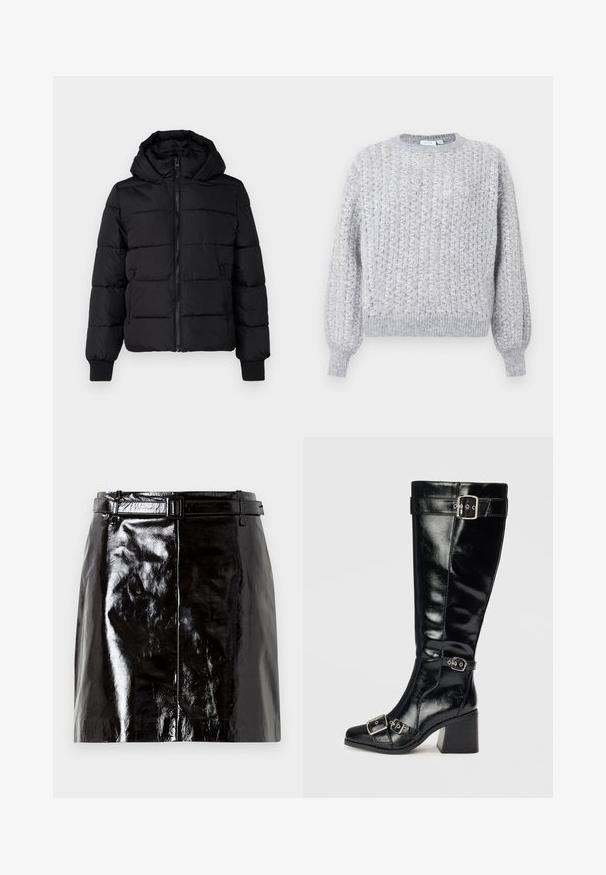 Veste noire rembourrée avec capuche, fermeture éclair à l'avant et poignets élastiques. Tissu lisse avec sections matelassées ; deux poches latérales pour le rangement.; Pull en tricot gris avec un motif géométrique, encolure ronde, poignets et ourlet côtelés, avec une coupe légèrement ample.; Mini-jupe en cuir noir brillant avec une ceinture assortie et des détails de couture centrale.; Botte en cuir noir, arrivant au genou, avec une finition brillante. Elle dispose de boucles et de sangles en argent, d'un bout pointu et d'un talon épais et texturé.
