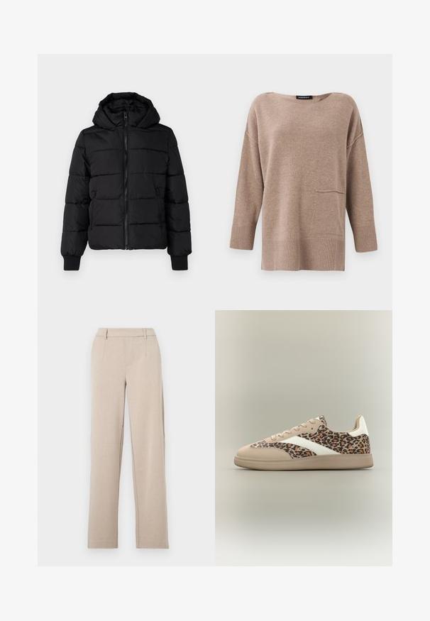 Sort polstret jakke med hætte, lynlås foran og elastiske manchetter. Glat stof med quiltede sektioner; to sidelommer til opbevaring.; Brun strikket sweater med bred halsudskæring, trekvartsærmer, ribbede kanter og en detalje med lommer foran. Blød tekstur og afslappet pasform.; Beige skræddersyede bukser med lige ben, glat tekstur, forlommer og bæltestropper. Fremstillet af et let stof.; Lav sko med beige ruskind, hvid stribe og leopardmønstret stof på sidepanelerne og tåen, beige gummisål.