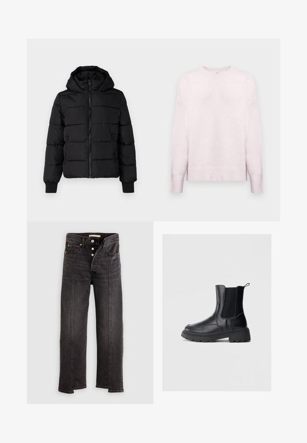 Veste noire rembourrée avec capuche, fermeture éclair à l'avant et poignets élastiques. Tissu lisse avec sections matelassées ; deux poches latérales pour le rangement.; Pull en laine rose clair à manches longues avec un col rond. Présente des poignets et un ourlet côtelés, une texture douce et une coupe décontractée. Fini en tissu lisse.; Jean noir taille haute à jambes droites avec fermeture à boutons, poches avant et détail de couture verticale visible le long de chaque jambe.; Bottines chelsea noires en cuir lisse, avec des panneaux latéraux élastiques, une semelle épaisse et robuste, et une languette à l'arrière pour un enfilage facile.