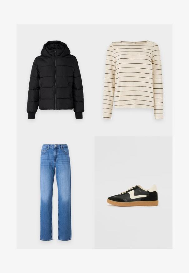 Chaqueta acolchada negra con capucha, cierre de cremallera al frente y puños elásticos. Tejido suave con secciones acolchadas; dos bolsillos laterales para almacenamiento.; Top de manga larga beige con rayas horizontales marrón oscuro, con un escote redondo y textura suave. Diseño simple y versátil.; Vaqueros de mezclilla azul claro con una cintura alta, diseño de pierna recta y áreas desteñidas. Cuenta con bolsillos frontales estándar y cierre de botón.; Zapatillas de deporte de ante y cuero negro con un swoosh lateral en crema y un talón en crema claro. Presenta cordones beige y una suela de goma marrón.