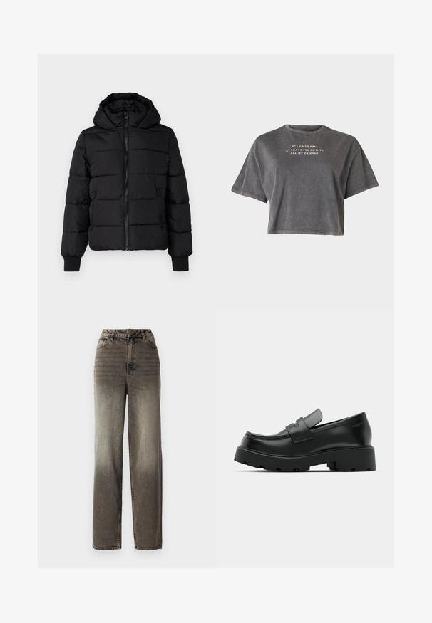 Chaqueta acolchada negra con capucha, cierre de cremallera al frente y puños elásticos. Tejido suave con secciones acolchadas; dos bolsillos laterales para almacenamiento.; Even&Odd by Zalando Camiseta estampada - black; Jeans de pierna ancha, grises, con un acabado de denim desgastado. Cintura alta, cinco bolsillos y un cierre de botón clásico. Tejido texturizado con costuras visibles.; Mocasines de cuero negro con suela gruesa y texturizada, que presentan una correa sobre el empeine y un acabado suave y pulido.